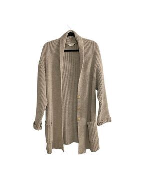 BARBARA BUI Wool Ribbed Long Button Front Cardigan Sweater Tan L